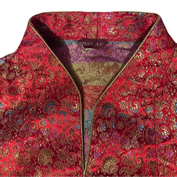 Traditional Womens Chinese Asian Summer Blouse Shirt Red Floral Frog Closure - Picture 7 of 9